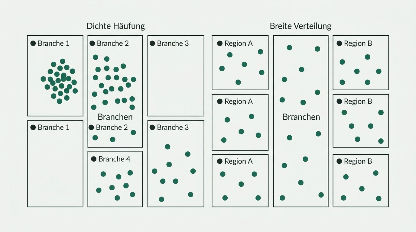 Diagrammartige Darstellung, in der einzelne Punkte über mehrere Felder verteilt sind, um das Prinzip der Streuung im Vergleich zu illustrieren